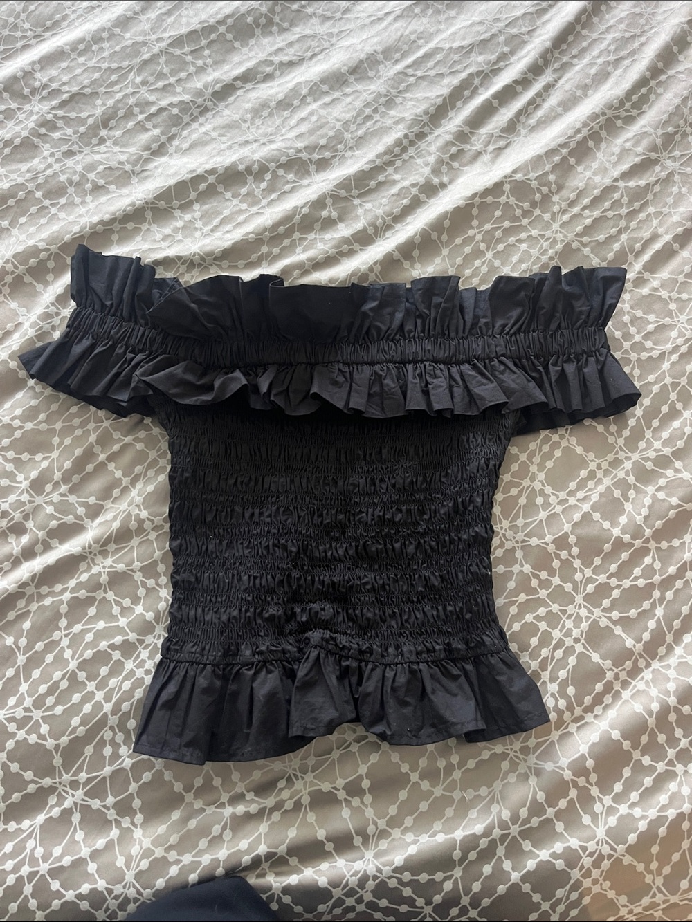Ganni Black Off-Shoulder Ruffle Smocked Crop Top